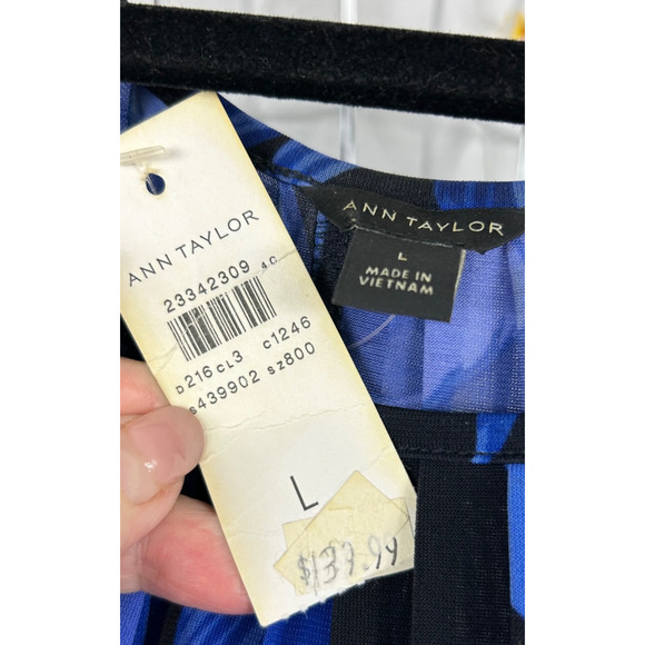 Ann Taylor Dress Womens Large Blue Black Floral Pleated Sleeveless Pullover - Picture 4 of 10
